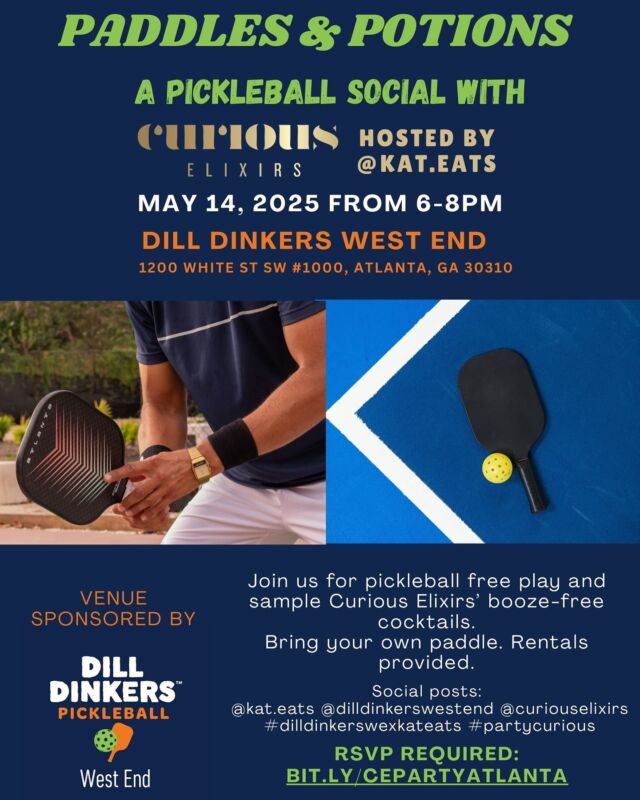 Join me at @dilldinkerswestend on Wednesday, May 14! 🥂 The Great Curious Cocktail Party is happening all around the US, and I’m hosting here in Atlanta 🍑! Come enjoy a fun night of pickleball with @curiouselixirs booze-free cocktails.
👉 Swipe to see the flavors  Please RSVP 🔗 bit.ly/CEpartyatlanta 🏓 We have several courts reserved for free-play; all player levels are invited. Bring your own paddle OR rentals will be provided.
📍 Dill Dinkers West End
1200 White St SW #1000, Atlanta, GA
🅿️ Free  ✨ Dill Dinkers West End is hosting an IG post contest after the event, so tag your social posts with: @kat.eats @dilldinkerswestend #dilldinkerswexkateats #partycurious (@curiouselixirs if you’re including it in your content)
