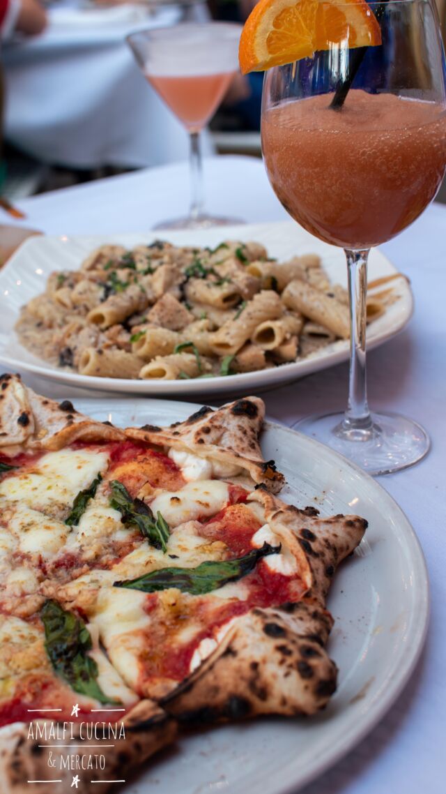 Amalfi Cucina + Mercato in Buckhead is the perfect spot for al fresco dining, and a little escape to Italy via exquisite food and drinks! {#hosted} Thank you @amalfibuckhead for hosting us for this amazing dinner!
 We opted to enjoy the beautiful weather on the patio with a casual coastal vibe. Inside, you can enjoy a romantic and intimate vibe and catch a glimpse of your Neopolitan pizza going into the wood-fired oven and some pasta tossed.

✨ Their pizza has been featured in Food Network’s Best Pizzas in America’s Biggest Cities (2017) ✨ They’re the only Georgia member of the Association Vera Pizza Napoletana (VPN)! ✨ They source fresh, quality ingredients from Italy  What to order:
🥒 blossom fritti
🍆 eggplant parmigiana melanzane
🍕 margherita carnevale (ricotta-stuffed star-shaped crust!)
🍝 rigatoni di napoli - creamy and delicious
🍰 pistachio tiramisu
🍫 tre mini cannoli
🍹 amalfi frosé - I wish I was sipping it by the Amalfi coast!
*Must be 21 or older to consume alcohol. Please drink responsibly.

Our dinner was *chefs kiss*🧑‍🍳😘

📍 Amalfi Cucina + Mercato | Buckhead There’s a location downtown too
🅿️ first 2 hours are free in the garage (don’t forget to scan and register your car)